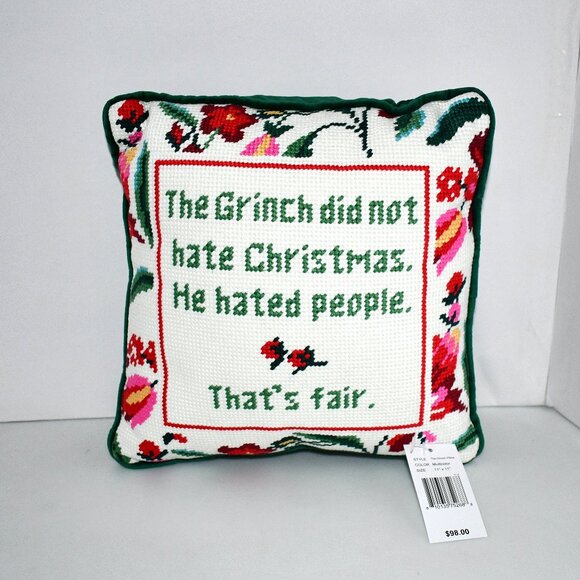 Furbish The Grinch Needlepoint Pillow 11” x 11” NWT - Picture 1 of 4